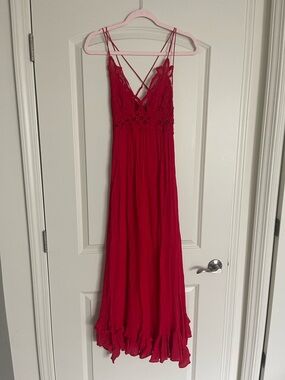 Free People Red Lace-Trim Strappy Maxi Dress